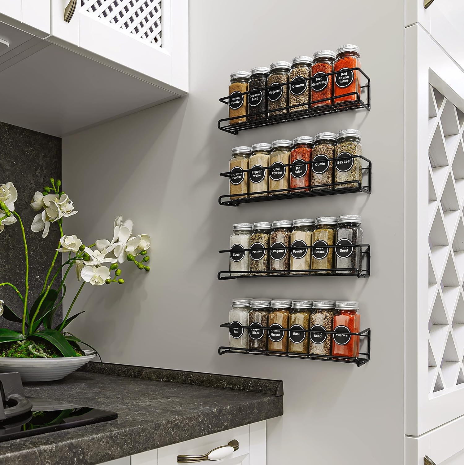 4Pcs Spice Rack Wall Mount Space Upgrade of Bolded Saving Spice Organizer for Spice Jars and Seasonings,Screw or Adhesive Hanging Spice Shelf Rack Organizer for Kitchen Cabinet Pantry Door