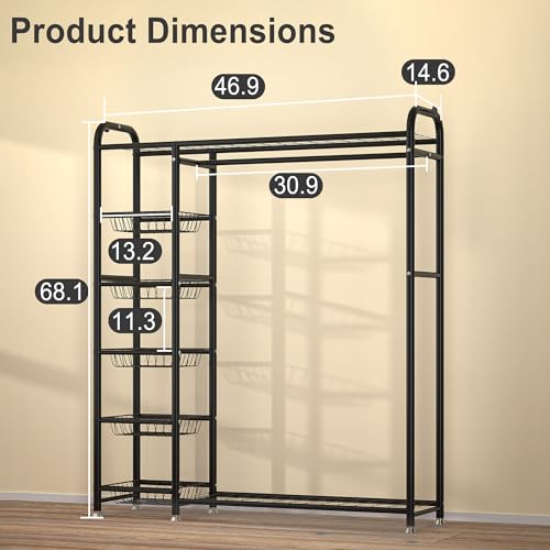 White Metal Garment Rack for Hanging Clothes, Sturdy Versatile Wardrobe Rack with 2 Storage Racks and 5 Baskets, Closet Organizer, Free Standing Clothing Rack for Bedroom, Living Room