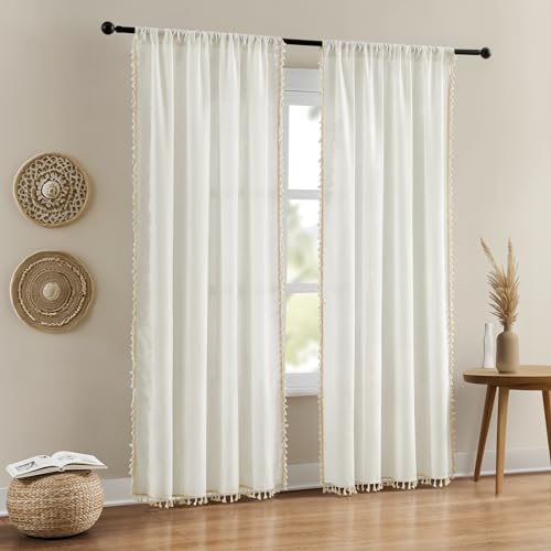 HOMEIDEAS Ivory Cream Boho Curtains for Bedroom, Farmhouse Linen Sheer Curtains 96 inches Long 2 Panels Set, Rod Pocket Privacy Light Filtering Living Room Curtains, Country Rustic Linen Curtains