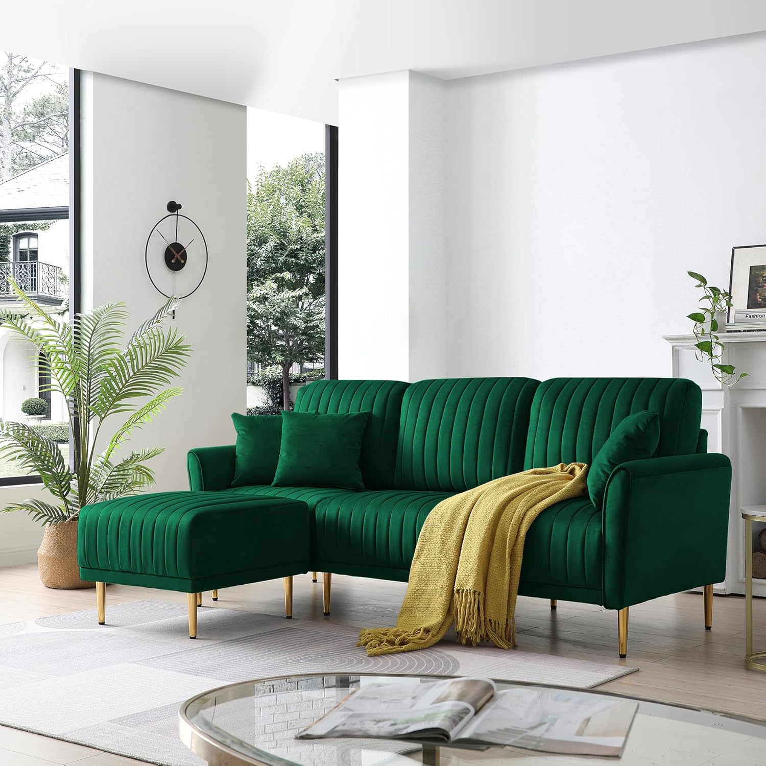 Green Velvet Modular Corner Sofa Reversible Left Hand Facing Sofa Chaise with Ottoman