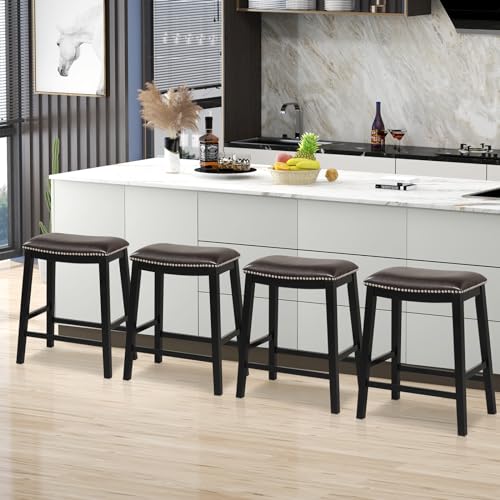 ERGOMASTER Bar Stools Set of 2, 26 Inch Counter Height Backless Saddle Stools, Solid Wood Legs with Leather Upholstered Seat for Kitchen Island and Living Room, White + Grey