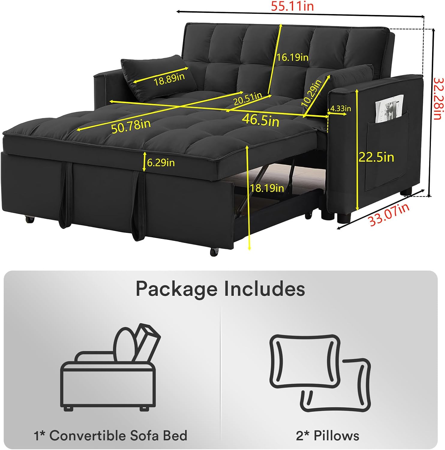 3 in 1 Convertible Sleeper Sofa Bed Velvet Chaise Lounge for Living Room, Black