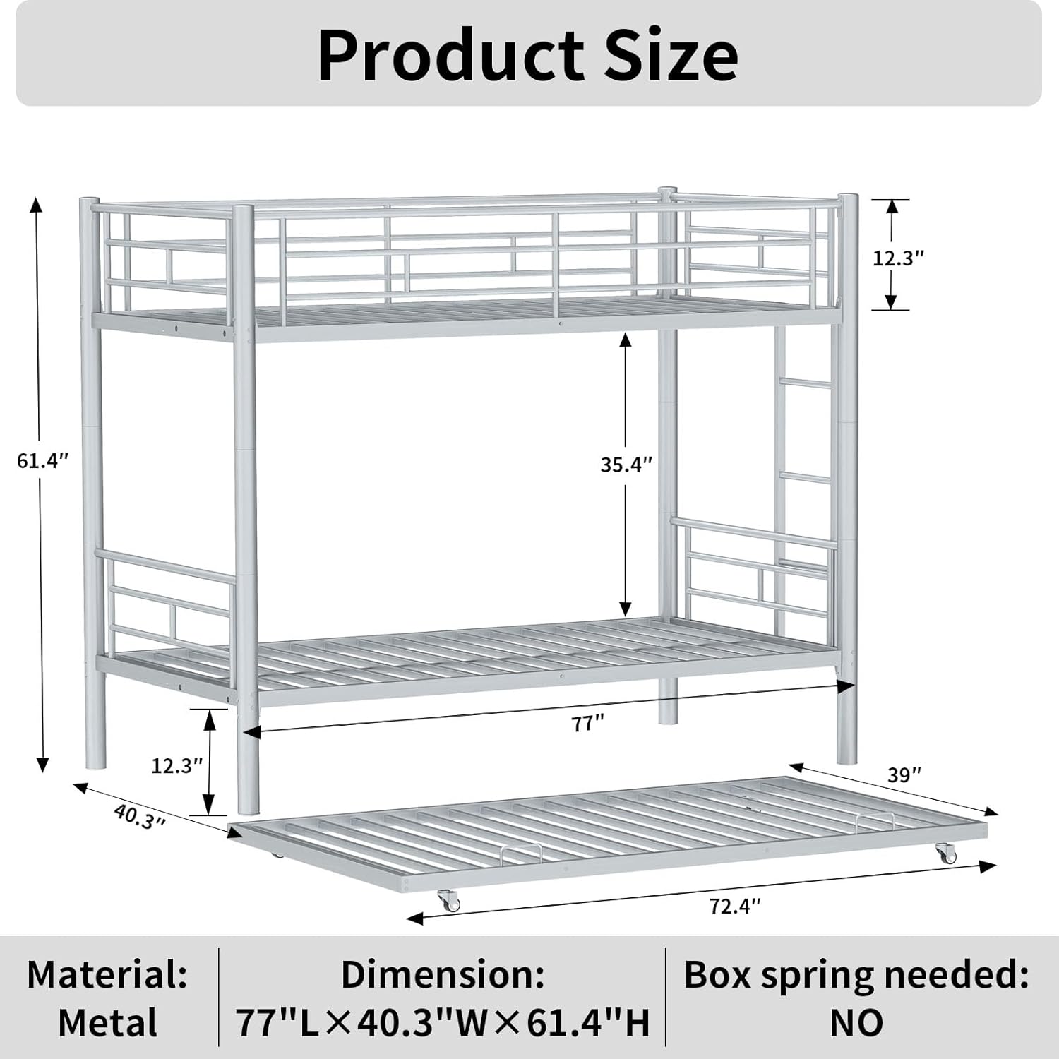 Heavy-Duty Metal Bunk Bed with Trundle, Twin Over Twin Bedframe with Ladder & Safety Guardrail, Convertible 2 Beds, Maximize Space Saving, No Box Spring Needed, Noise-Free, Silver