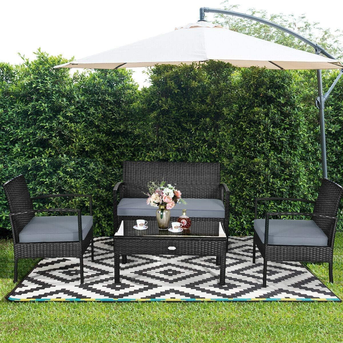 HAPPYGRILL 4-Piece Patio Furniture Set Rattan Wicker Sofa & Coffee Table Outdoor Conversation Set for Patio Garden Poolside