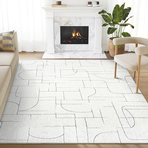Abani Cozy Cream Area Rug for Living Room, Bedroom - Grey Linear Lines Pattern - 5' x 8' - Durable & Easy to Clean