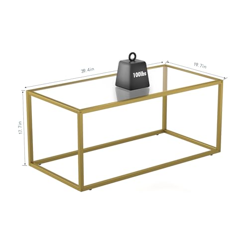 SAYGOER Gold Coffee Table Glass Coffee Tables Modern Rectangular Center Table with Open Space Minimalist for Living Room Home Office, Easy Assembly, 39.37 x 19.69 x 17.72, Gold…