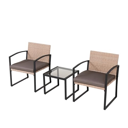 Modern 3 Piece Patio Set, Sleek Design Patio Chairs and Wicker Bistro Set, Outdoor Bistro Set for Conversation, Elegant Patio Furniture Set for Bistro Style Ambiance White/Flaxen