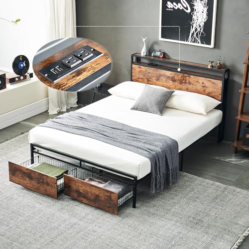 King Size Bed Frames, Bed Frame with Charging Station, No Box Spring Needed, Noise-Free, with Reinforced Strong Support Legs and Headboard (Brown)