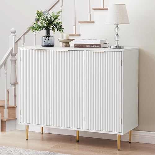 Scandinavian Sideboard Buffet Cabinet with Adjustable Shelves, 4 Compartments, Wave Texture and Rose Gold Design, Engineered Wood and Metal Construction for Living Room, Dining Room, and Hallway