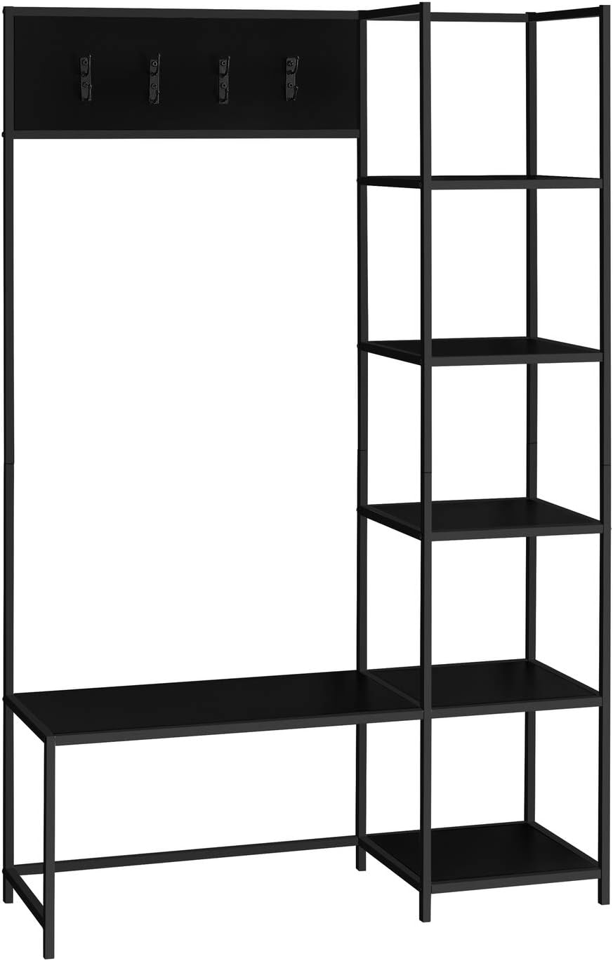 Monarch Specialties I 4510 Bench, Entryway, Hallway, Storage, Organizer, Coat Rack, Hall Tree, Metal, Laminate, Black, Contemporary, Modern