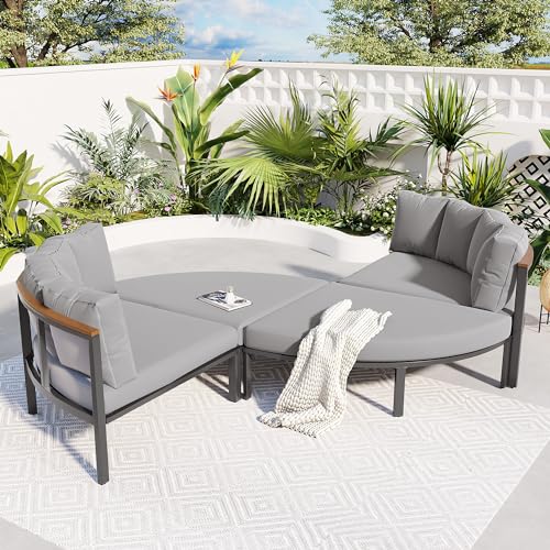 Patio Furniture Set, 4 Piece Round Outdoor Conversation Set All Weather Metal Sectional Sofa with Cushions Furniture Sets for Patio, Lawn & Garden
