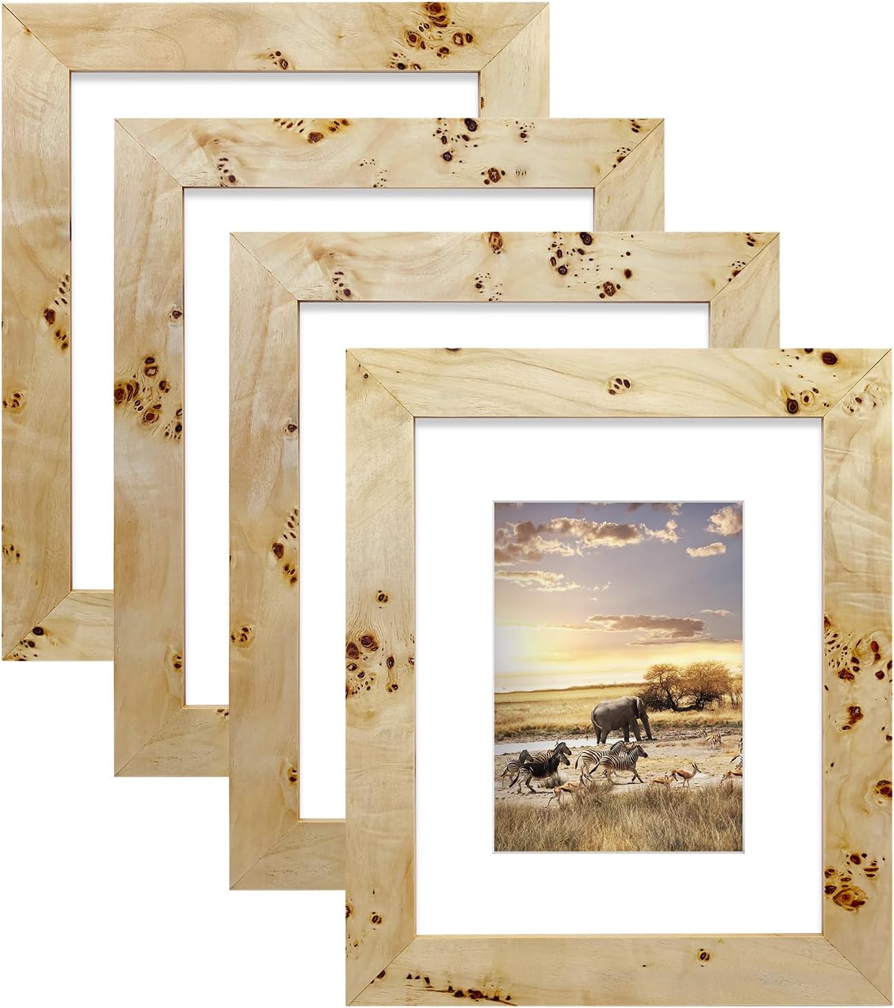 4 Pack Burl Wood Photo Frame Picture Frame Burl Wood Picture Frames - NATURAL FINISH Picture Frames for Family Photos - Elegant Wall Hung and Tabletop Decor in Bulk (8x10 matted to 5x7)