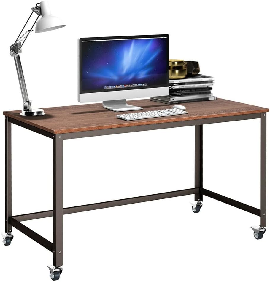 Rolling Computer Desk Metal Frame Computer Laptop Desk Wooden Top Study Workstation Commemoration Day