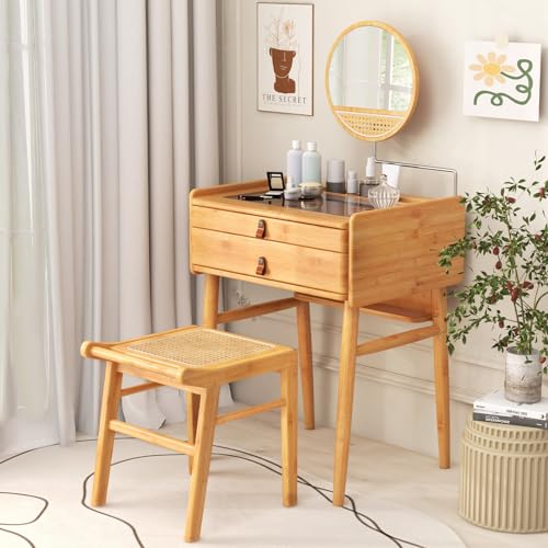 GOFLAME Bamboo Vanity Stool, Rattan Top Ottoman Footrest with Anti-slip Foot Pads, Leisure Seat Stool, Shoe Changing Stool, Small Make-up Stool for Dressing Room Living Room Bedroom, Easy Installation