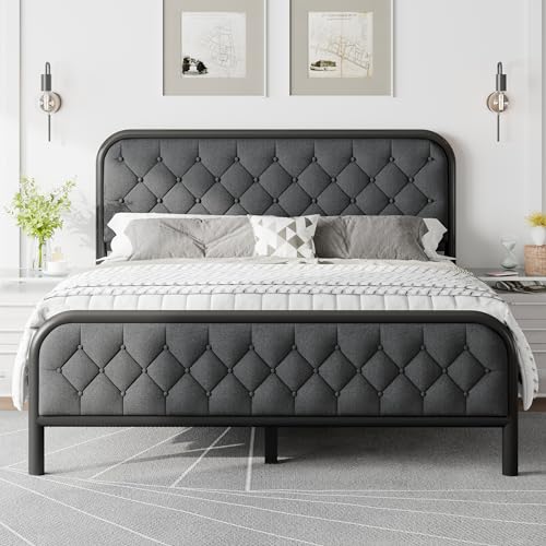 Feonase King Size Bed Frame, Upholstered Bed Frame with Diamond Tufted Headboard, Heavy Duty Metal Slats, 12