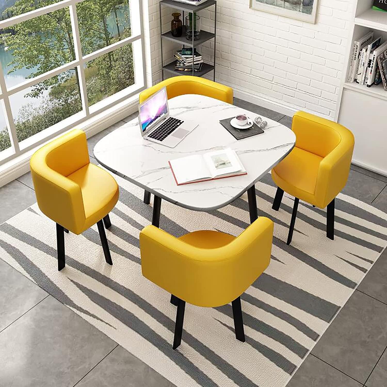 Marble Texture Round Dining Table Set Space Saving Round Dining Table Set 4 Seater Coffee Table Round Table for Dining Room and Kitchen with Recessed Rest