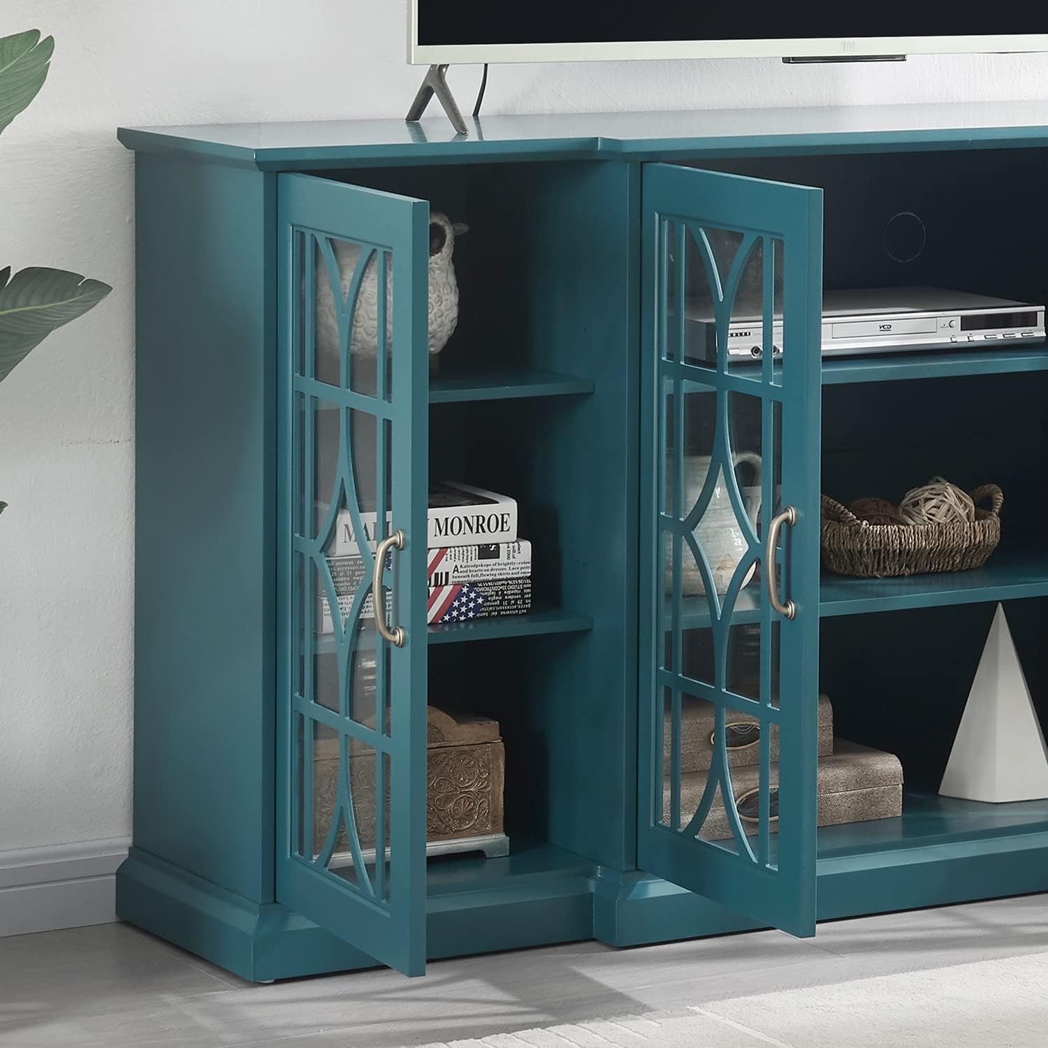 Modern TV Stand Cabinet with Glass Doors for Living Room, 62 Inch Entertainment Center with Storage Shelves