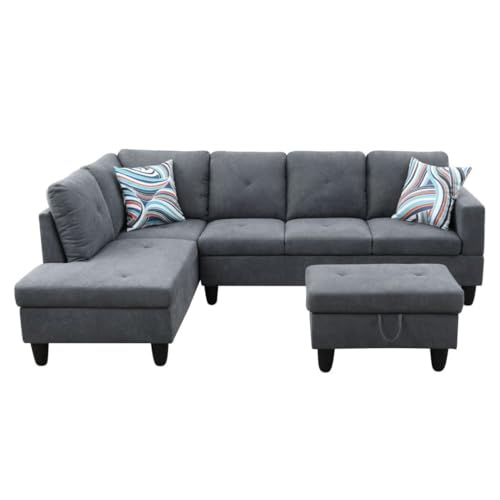 Convertible Sectional Sofa Couch, 3-seat L-Shaped Couch with Ottoman, Couches with Linen Fabric, with Moveable Chaise Ottoman Lounge for Apartment/Upstairs Loft/Living Room, Grey.97in(Right,Bro