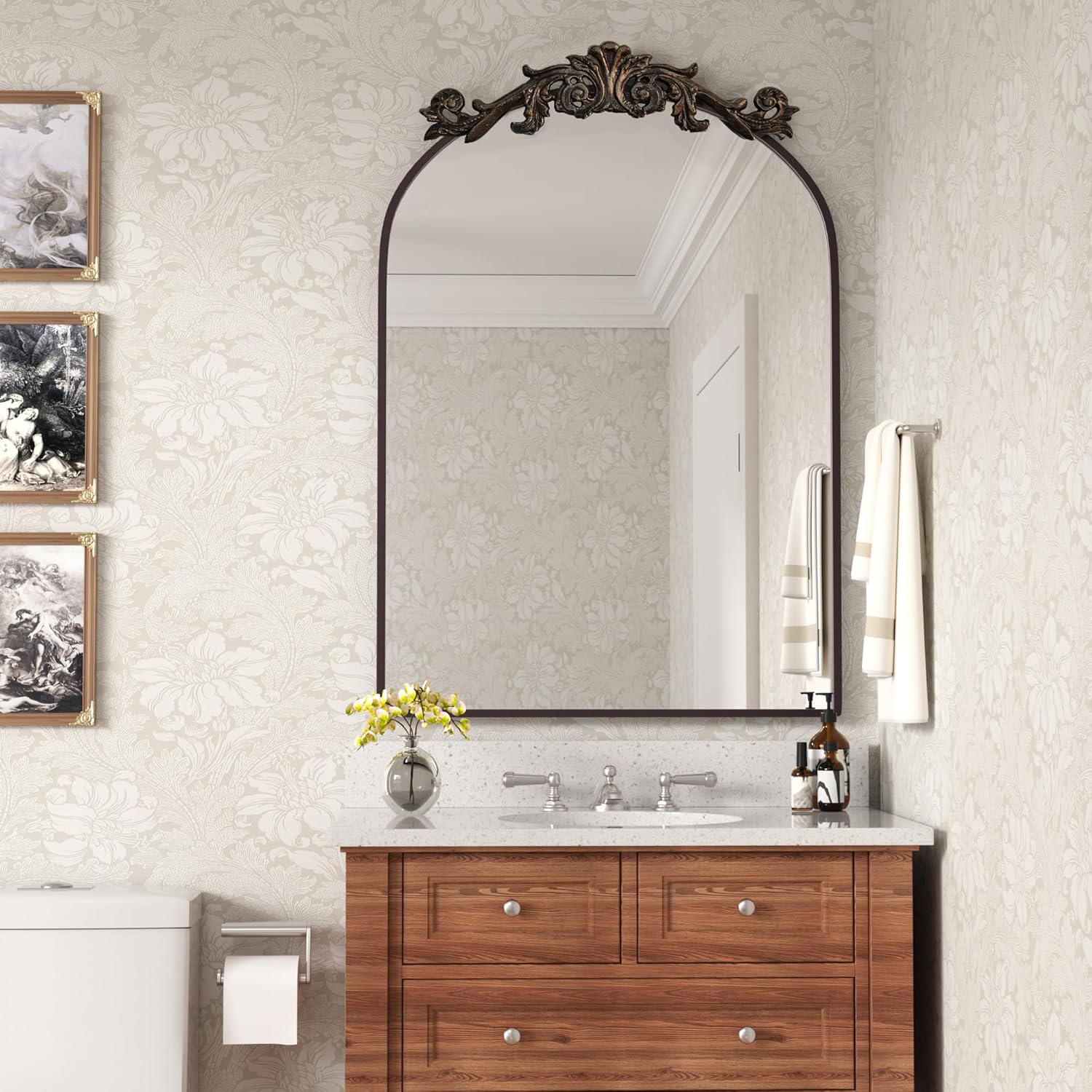 Antique Mirror for Wall, Large Brass Brown Arched Mirror Decorative Vintage Bathroom Mirrors, Ornate Entryway Baroque Mirror, Metal Frame, Hangs Vertically or Leaning, Copper Brown 24x36