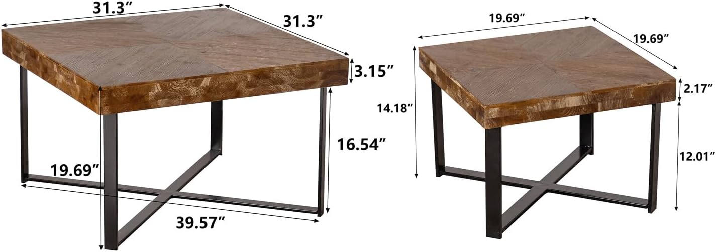 ZeHuoGe Retro Splicing Square Coffee Table Set of 2,Snack Table with Fir Wood Table Top and with Cross Legs Metal Base,Wood Table,Side Table Suitable for Living Room,Office,Dining Room