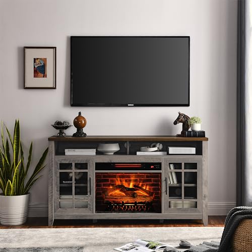 TV Stand TV Cabinet with Electric Fireplace for 55-65 Inch TV, 55'' Modern Media Entertainment Center with Farmhouse Wooden Door Storage Cabinet TV Console for Living Room (Brown)