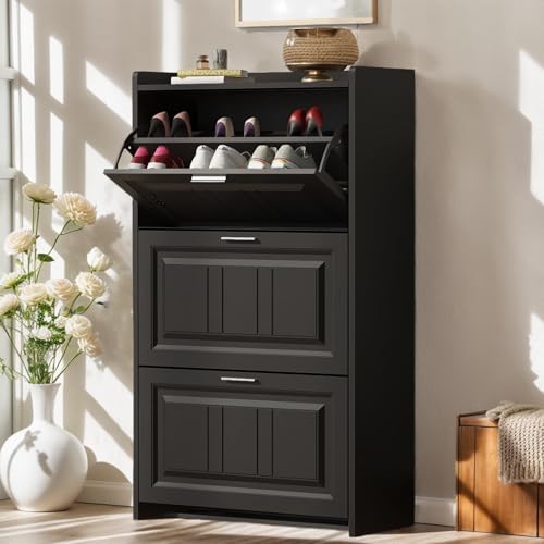 Modern Independent Shoe Cabinet with 3 flip Drawers, Space Saving Ultra-Thin Storage Box Suitable for Home entrances and Living Rooms (Black)