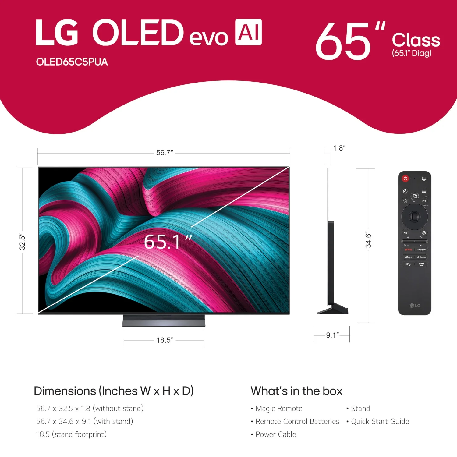 LG 65" C5 Series 4K UHD OLED evo AI Smart webOS 25 TV, OLED65C5PUA