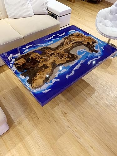 TUZECH Natural Wood Resin Epoxy Blue Classic Island Look with Waves Table Coastal table Top Dining Table Coffee Table Side/End Table Home Décor (without Stand, 36 x 20 Inches)