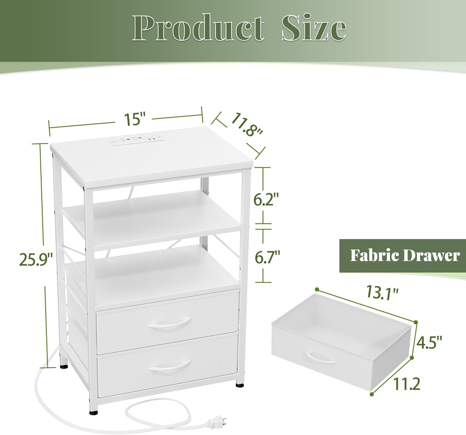 Night Stand 3-Tier with Charging Station, 2 Fabric Drawer Bedside Table, LED NightStand, Increase Storage Space by 50%, Modern and Aesthetic End Table for Bedroom, White