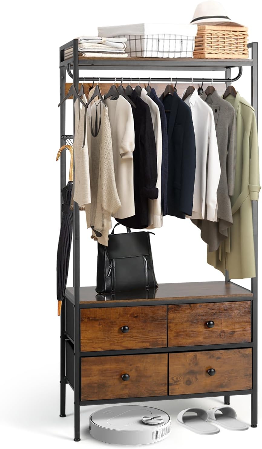 YIGOBUY Free Standing Coat Rack Hall Tree with Industrial Garment Rack with Shelves Drawers and Hooks, Small Clothes Rack for Bedroom, Living Room，Entryway Rustic