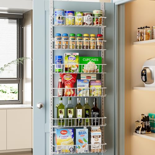 Delamu Pantry Door Organizer, Adjustable Metal Over the Door Pantry Organizer Rack, 6-Tier Over the Door Spice Rack, Kitchen Pantry Door Organizers and Storage, D5 W12 H52.1 inch, White