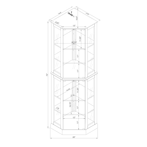 Lighted Display Cabinet Corner Curio Cabinet with Mirrors and Adjustable Shelves, 6-Tier Curio Showcase Floor Stand Collection Art Display Case for Bar Living Room Kitchen Pantry (Cherry)
