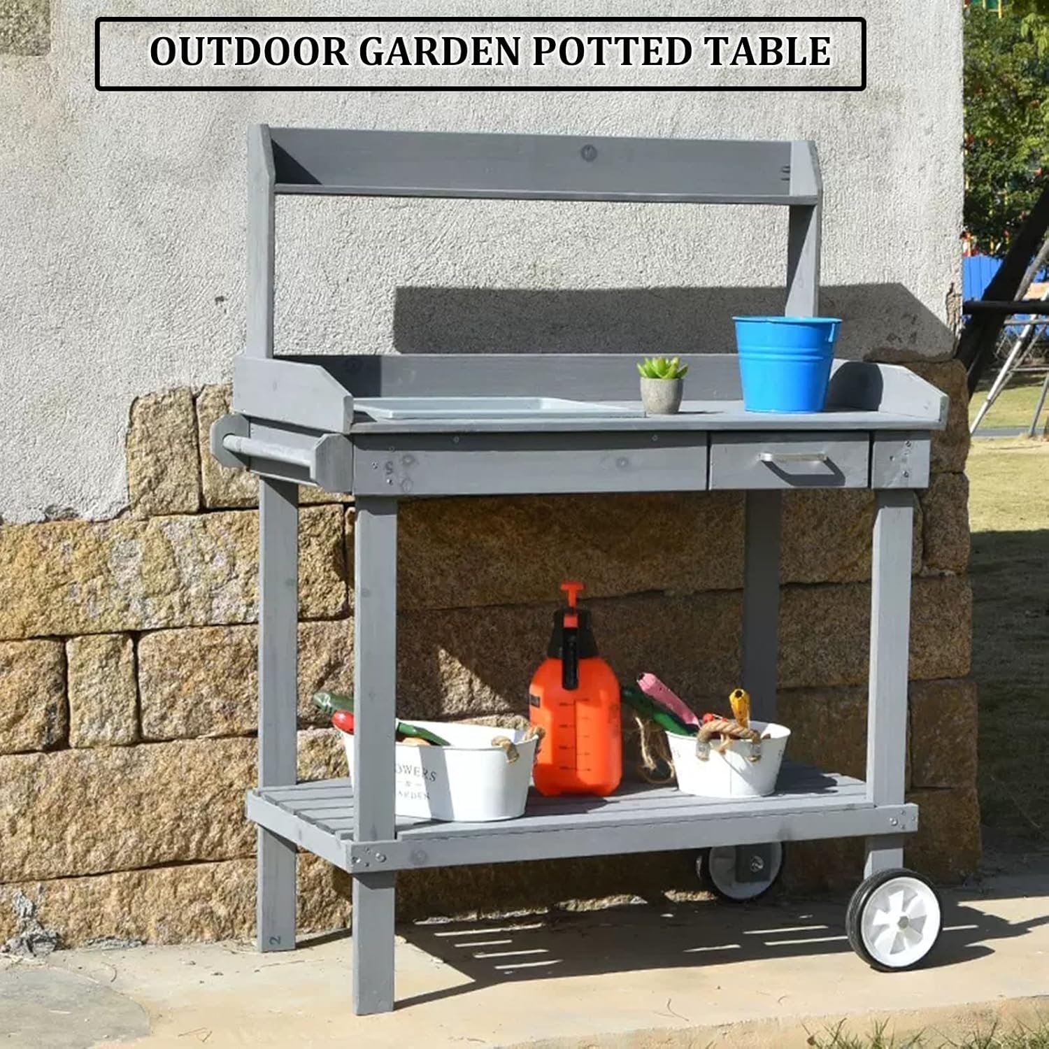 Raised Planter Box with Wheels,Outdoor Potting Bench Table,with Drawer/Adjustable Shelf Rack/Removable Sink/Hooks