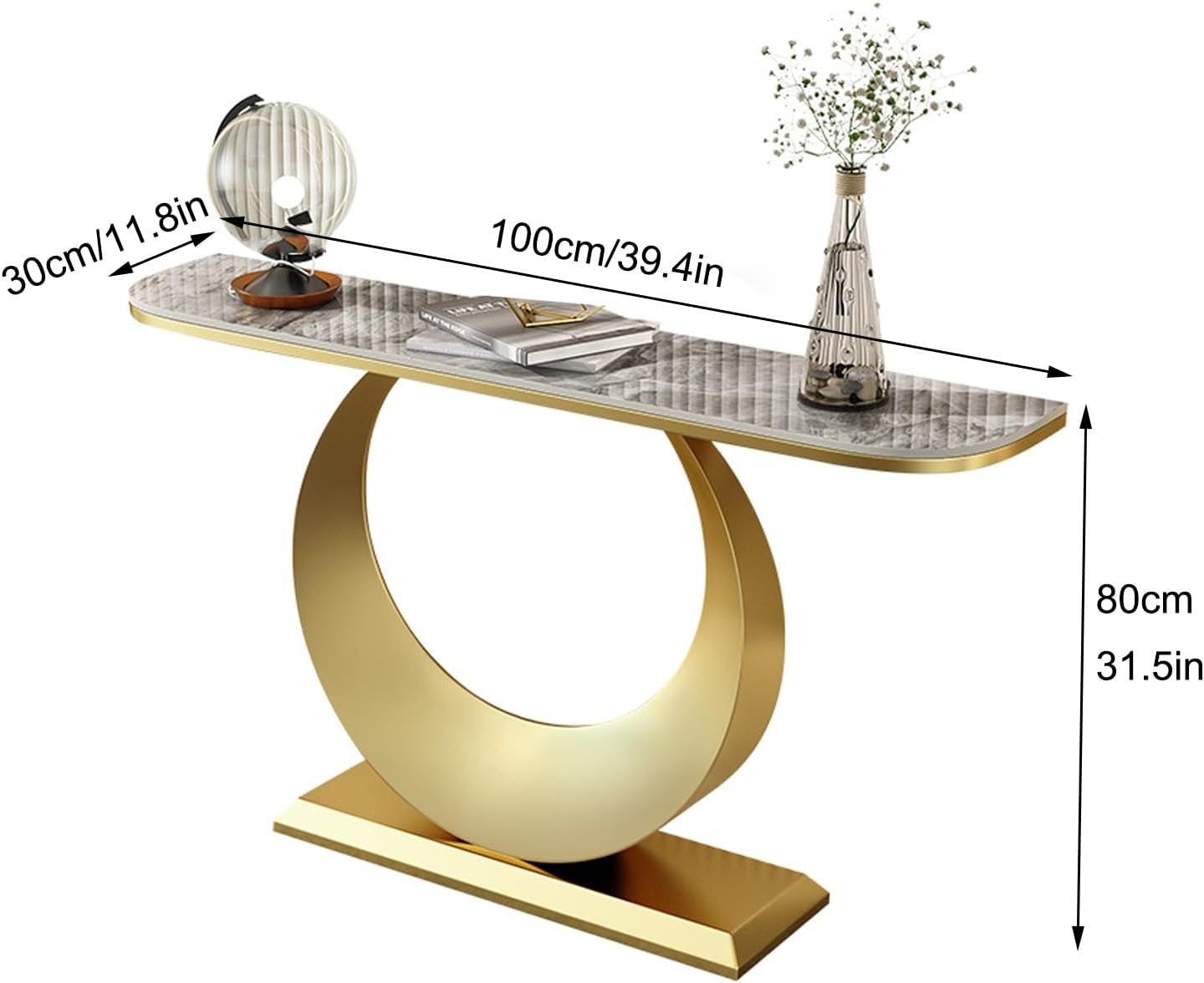 Console Table with Geometric Metal Base | Sintered Stone Narrow Long Entryway Table | Contemporary Console Table | for Living Room/Hallway/Foyer | Easy Assembly