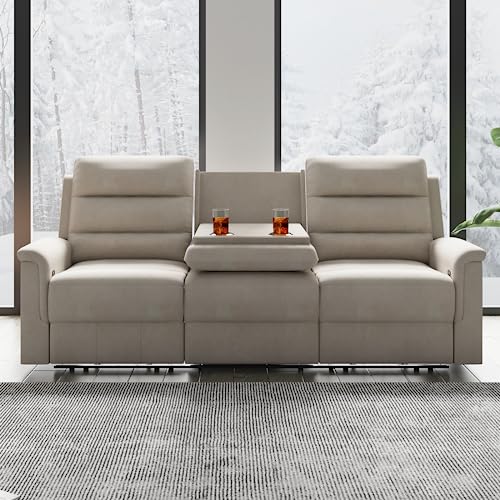 CECER Recliner Sofa，Reclining Sofa with Cup Holders，Tech Fabric Recliner Couch with Adjustable Flipped Middle Backrest and Footrest，Modern Recliner Chair for Living Room-Beige