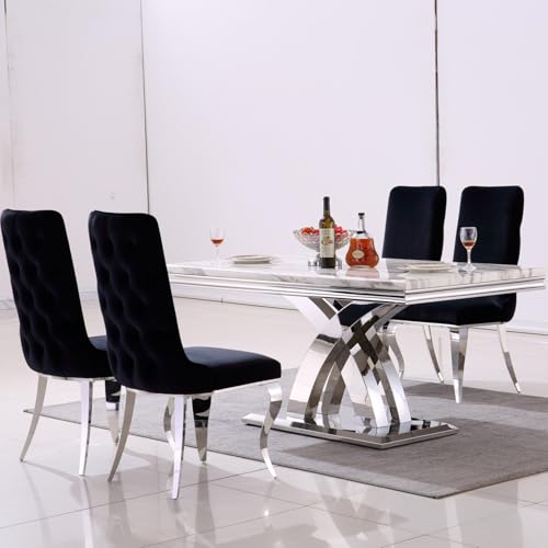 5 Piece Dining Set with Chairs, Gold X-Base Dining Table Set for 4, 63 inches Modern Dining Room Table Set with 4 Sky Blue Velvet Dining Chairs(Table+4 Chairs)