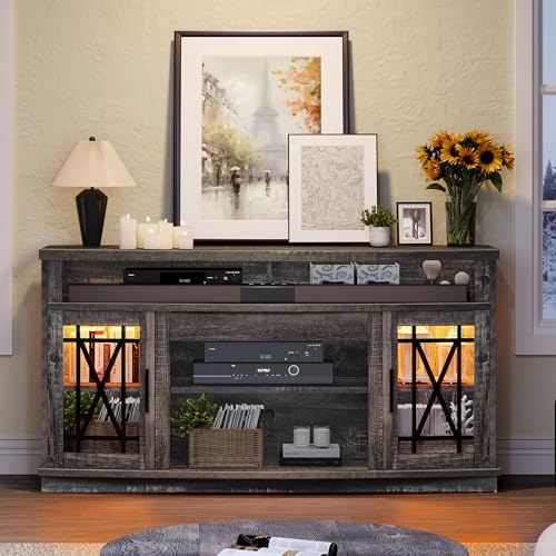 YITAHOME LED TV Stand for TVs up to 65 Inches, Curved Entertainment Center with Adjustable Shelves and Farmhouse Glass Doors, TV Cabinet Media Console for Living Room, Grey Wash