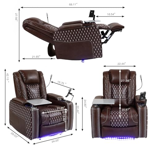 Power Zero Gravity Leather Recliner Infinite Position - Storage Armrest & Cup Holder - Tray Table & Phone Holder- Ambient Lighting - Adjustable Reclining Home Theater Recliner for Living Room & Office