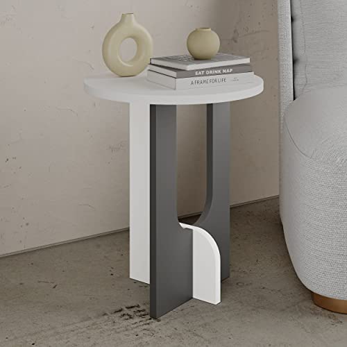 JV Home Luna Round Side Table Narrow Modern End Table with Storage Narrow Decorative Coffee Table De Nuit | Small Nightstand for Living Room Bedroom 15.8 Inch (Oak - White)