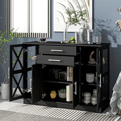 Sideboard Buffet Restaurant Functional Sideboard with Tempered Glass Large Storage Space Adjustable Shelves Buffet Storage Cabinet (White/Black) Side Board(Color:Black)