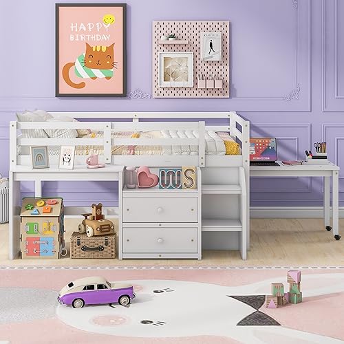Rhomtree Sturdy Solid Pine Wood Low Loft Bed with Desk and Drawers Space-Saving and Multifunctional with Lateral Portable Desk for Kids' Bedroom Dormitory or Home(Gray,Full)