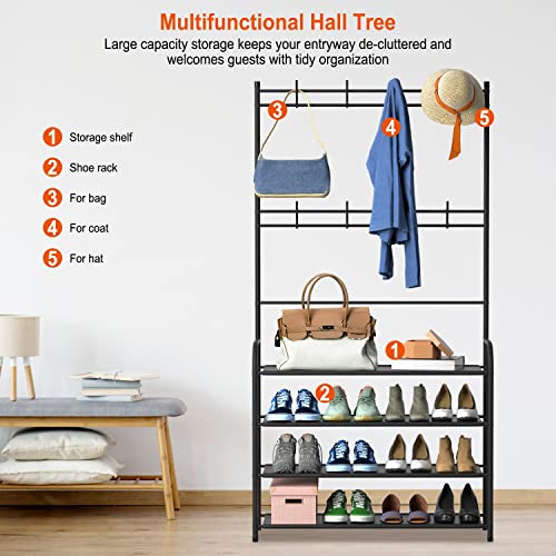 Coat and Shoe Rack, Metal Freestanding Coat Rack Entryway Organizer Hall Tree with Shoe Storage Shelves 8 Hooks for Hallway Living Room Bedroom Office Easy to Assemble,Super Stable (5-Tier)
