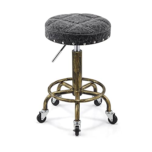 Retro Rolling 360° Swivel Stool Adjustable Height 19.7-25.2in Salon Work Stools Chair with 5 Wheels Industrial Style PU Leather Cushion for Home Office Massage Spa (I)