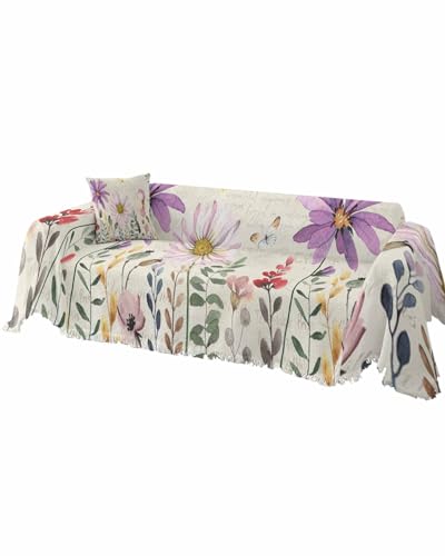 Purple Pink Floral Cover Couch Covers for 3 Cushion Couch Throw Couch Cover with Tassel Soft Slipcover Spring Summer Country Plants Flowers White Couch Furniture Protector for Dog Pet 71