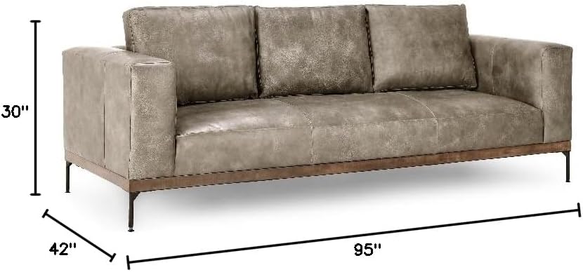 Kosas Home Bentley Transitional Grain Leather & Plywood Sofa in Dark Gray