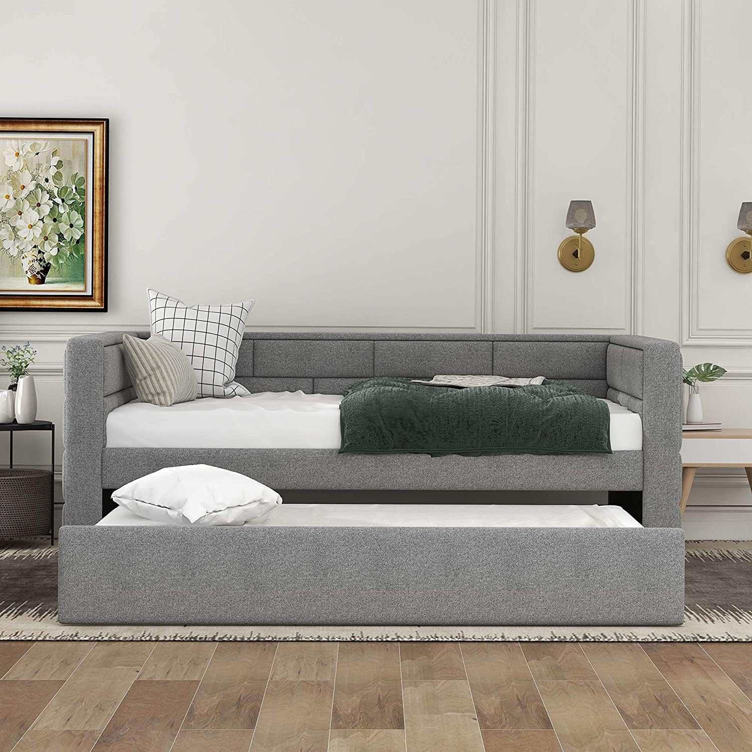 Upholstered Daybed with Trundle, Twin Size Sofa Bed Frame (Twin, Padded Back Gray)