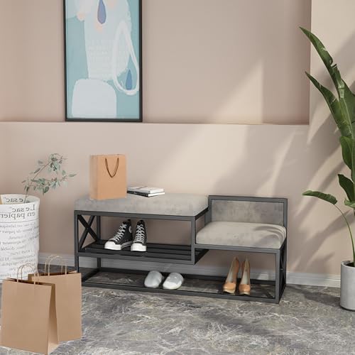 Entryway Shoe Storage Bench Shoe Rack Organizer Ottoman Bench Shoe Cabinet Bedroom End of Bed Bench Metal Frame for Front Door Entrance Living Room Bedroom Closet(Gold/Grey,120cm)