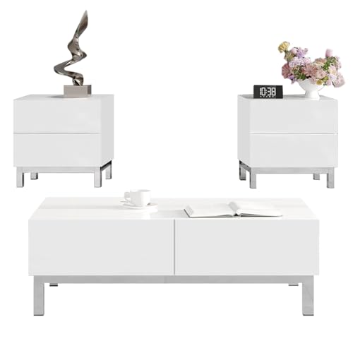 AMERLIFE High Gloss Electroplated Coffee Table Sets of 3, Modern Minimalist Center Table & 2 x End Tables Set, Magnetic Storage Drawers Rectangular Cocktail Table for Living Room, Waiting Area, Gray