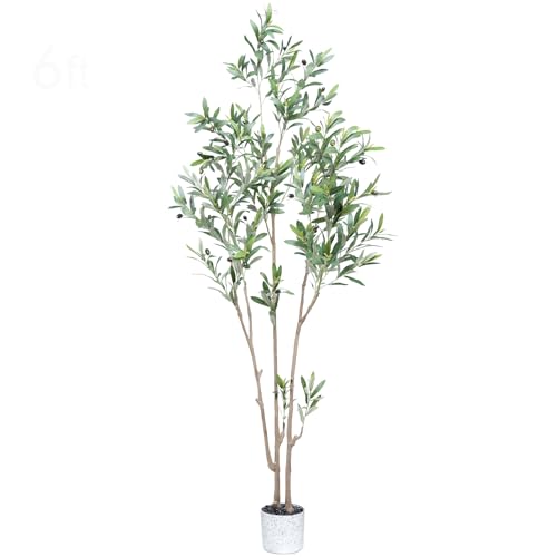 6 Feet (72'') Olive Tree Fluffy Artificial Plants for Home Indoor, Fake Potted Olive Silk Tree for Modern Home Office Living Room Floor Decor Indoor