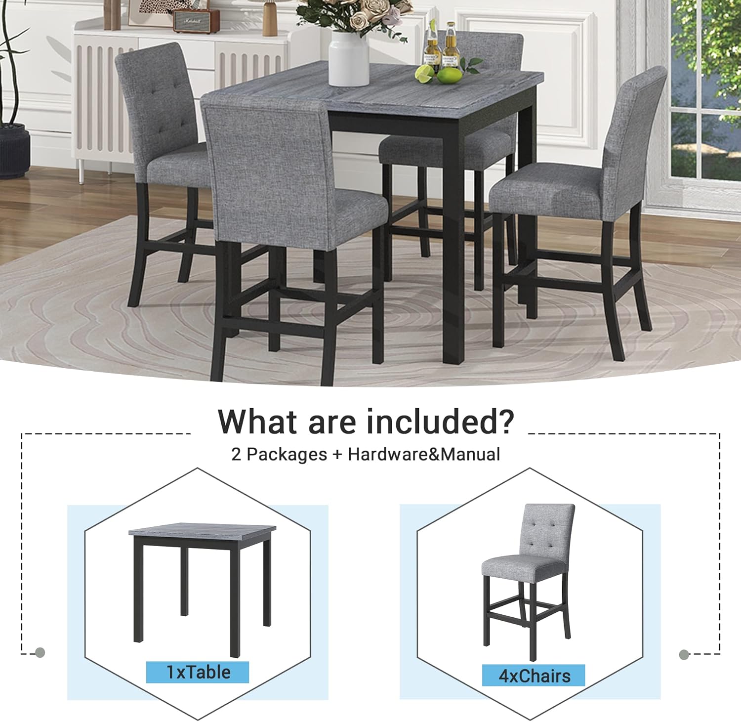 5-Piece Counter Height Dining Set Wood Square DiningRoom Table and Chairs Stools w/Footrest & 4 Upholstered high-backChairs, Grey+Black